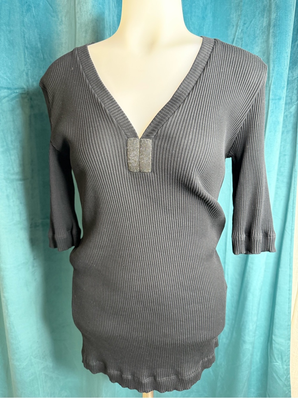 Brunello Cucinelli Charcoal Ribbed V-Neck Sweater